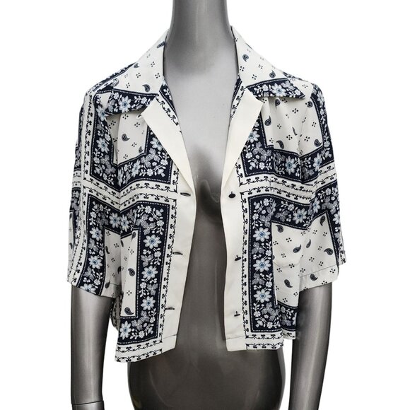 Cinq a Sept New NWT Dani Blue Floral Cropped Button Silk Shirt Top Scarf Large - Picture 7 of 10